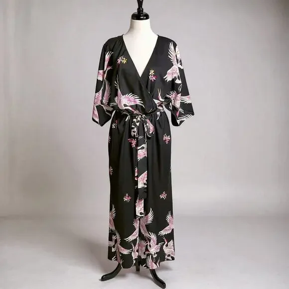 Luxe Blush and Black Blossom and Crane Print Kimono Style Junpsuit - Picture 1 of 4